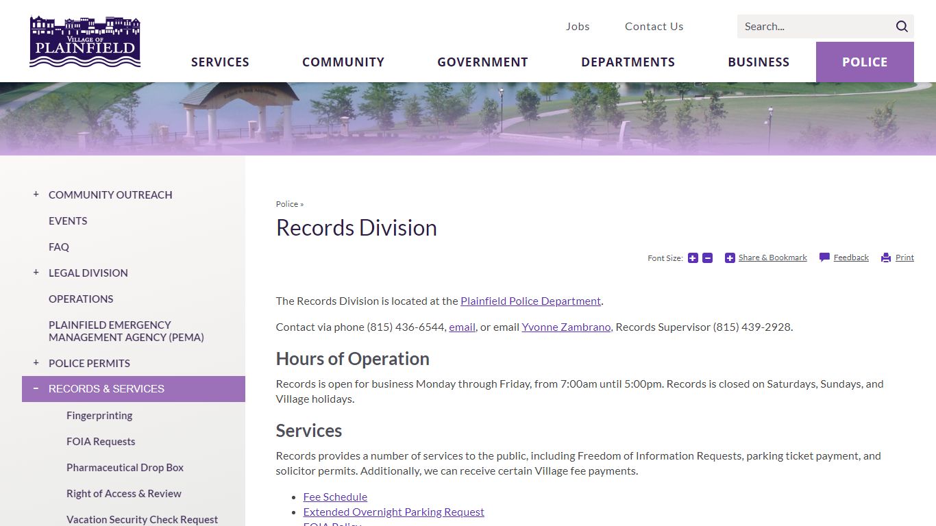 Records Division | Village Of Plainfield, IL